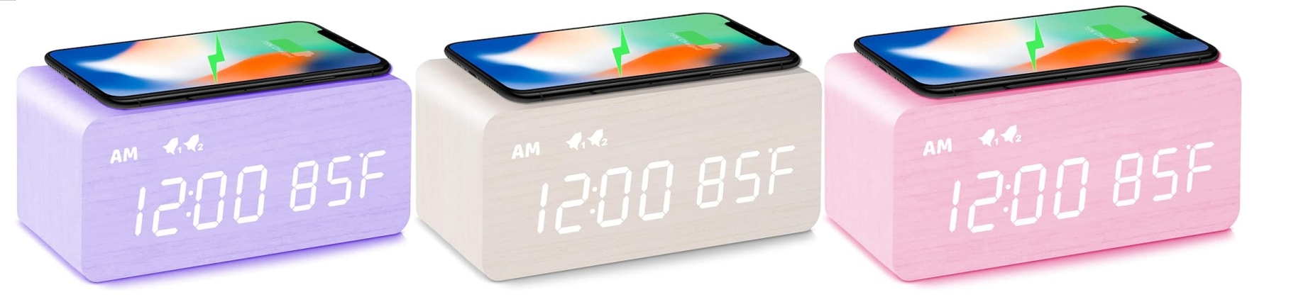 MOSITO Digital Wooden Alarm Clock with Wireless Charging, 0-100% Dimmer, Dual Alarm, Weekday/Weekend Mode, Snooze, Wood LED Clocks for Bedroom, Bedside, Desk, Kids (White)