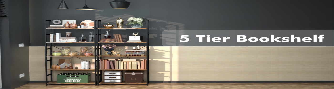 OTK 5 Tier Bookshelf, Tall Bookcase, Office Shelf Storage Organizer, Modern Book Shelf for Living Room, Bedroom, and Home Office, Black
