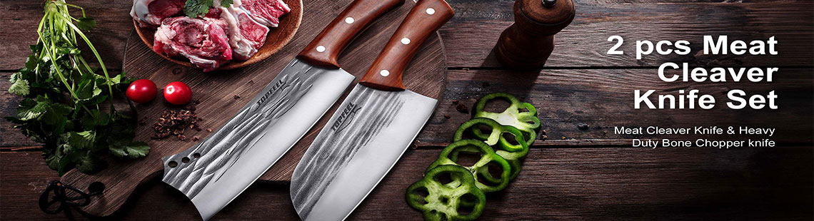 Topfeel 2 pcs Meat Cleaver & Heavy Duty Bone Chopper Knife Set, Hand Forged German High Carbon Stainless Steel Butcher Knife for Home Kitchen & Outdoor