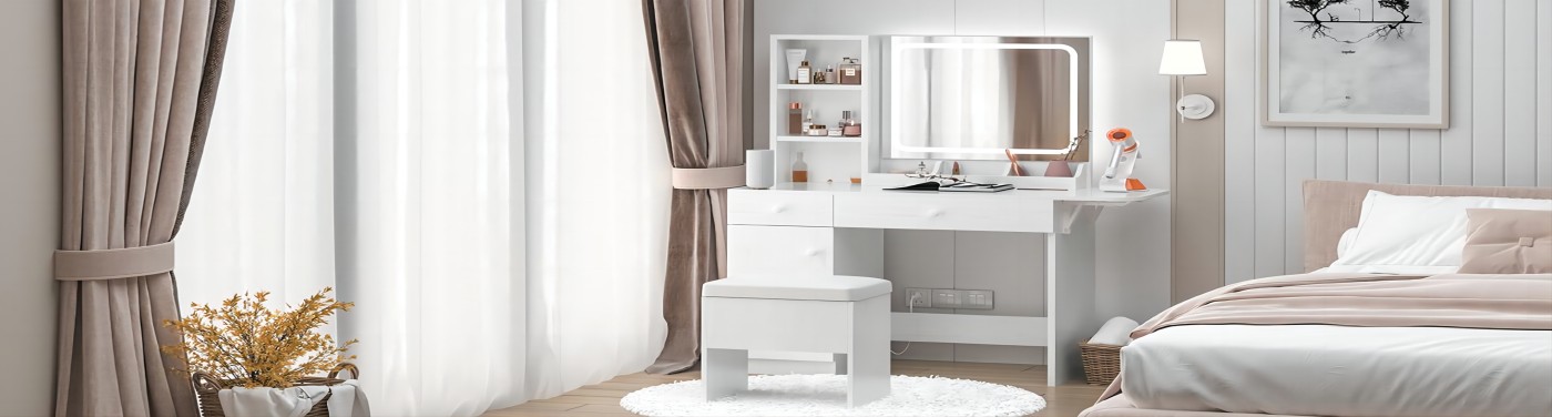 Vanity Desk with Mirror & Light, Large Drawer & Three Level Storage Dresser, 3 Lighting Modes Adjustable Brightness, Bedroom Dressing Table (White)